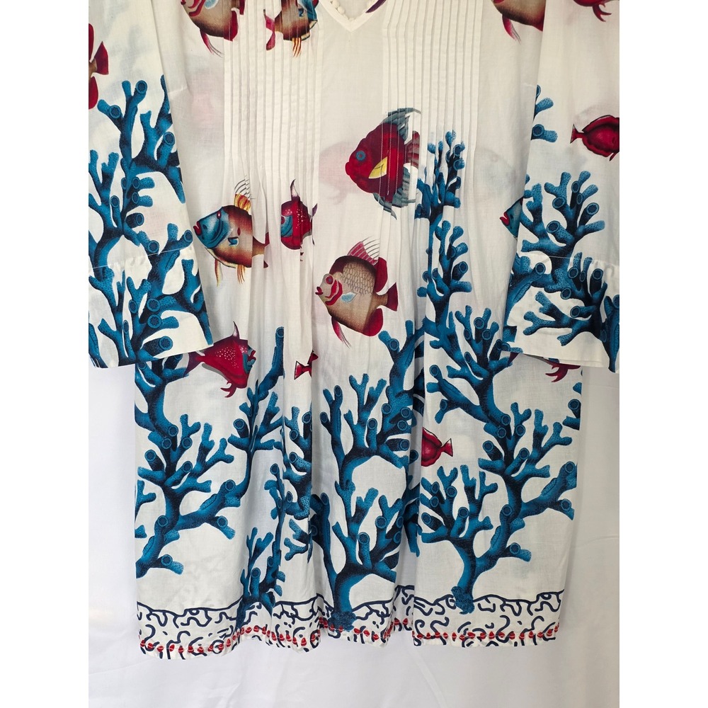 Soft Surroundings Plus Size Tunic Dress Seychelles Fish Coral 1X Beaded Hem - Picture 4 of 13